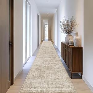 Runner Rug 2'6" x 14' Washable Non-Slip Runner Rugs for Kitchen Bathroom Laundry Room Vintage Ultra Thin Runners for Hallway Entryway Brown