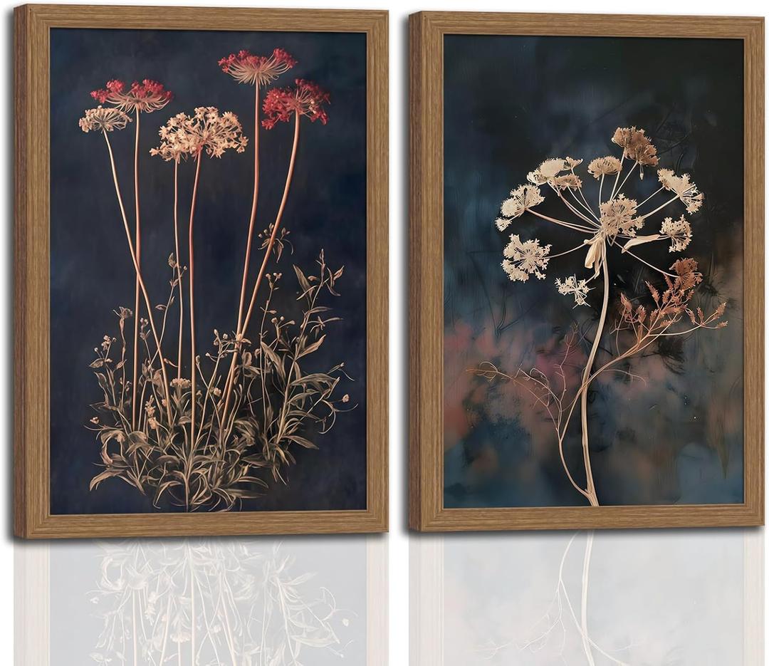 2Pcs Framed Vintage Wall Art Prints, Retro Moody Floral Botanical Canvas Painting Farmhouse Decor, Dark Classical Flower Prints Canvas for Bathroom, Bedroom, Living Room, Gallery 16x24in