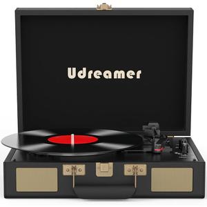 Vinyl Record Player Suitcase with Built-in Speakers, Portable Turntable with RCA, Line in,Bluetooth and Headphone Jack for Records, Vintage LP Player in PU Leather Black