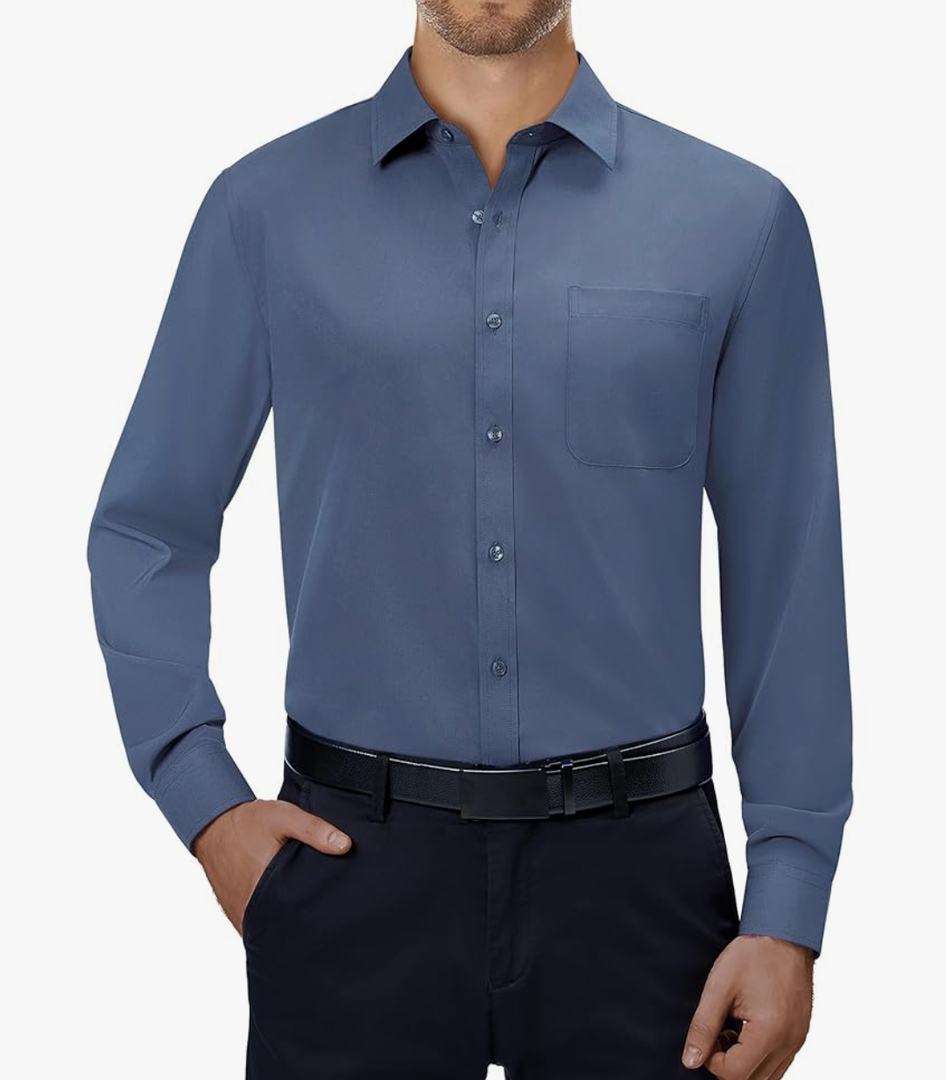 Alimens & Gentle Mens Dress Shirts 4-Way Stretch Long Sleeve Collared Casual Solid Wedding Dating Button Down Shirt, Dusty Blue, 3XL