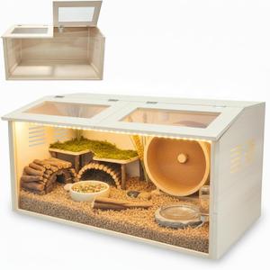 Wooden Hamster Cage Chewproof, Large Hamster Cages and Habitats, Small Animal Habitat with with Double Openable Acrylic Sheet Doors for Gerbil, Degus Mice, Guinea Pig, Rat& Other Small Pets（32in）