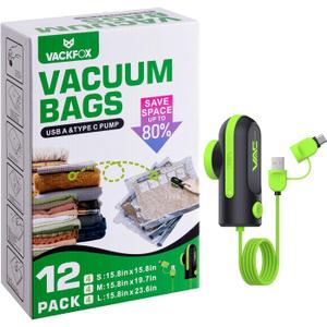 12 Pack Vacuum Bags for Travel with USB & TYPE C Pump,Compression Packing Cubes for Luggage,Carry-on Space Saver Vacuum Seal Bags&Vacuum Storage Bags for Vacation(Green)