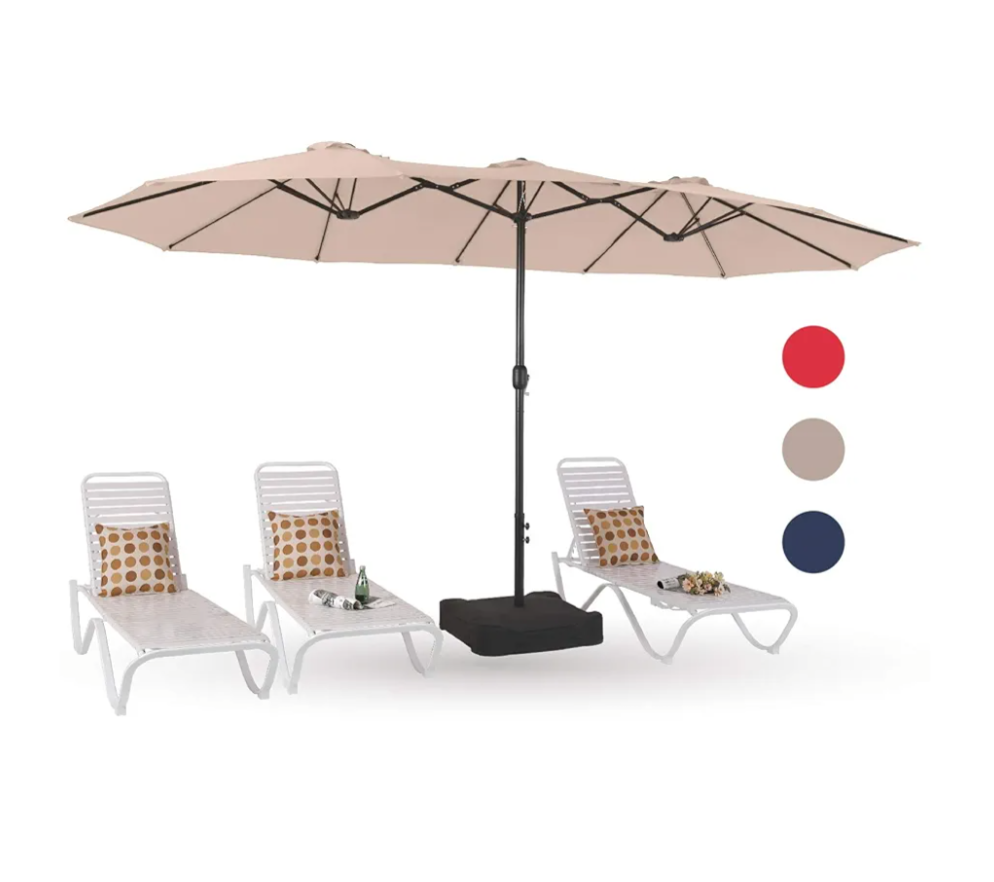 PHI VILLA 15ft Large Patio Umbrellas with Base Included, Outdoor Double-Sided Rectangle Market Umbrella with Stand, Outside Umbrellas for Poolside Lawn Backyard, Beige