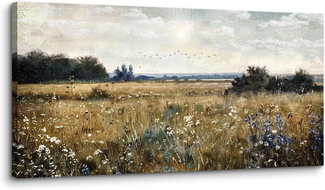 crmotu Landscape Wall Art, Nature Wall Art, Large Wall Decor, Meadow with Wildflowers Art Prints, Country Field Canvas Pictures for Living Room Bedroom Kitchen Modern Farmhouse 20"X40"