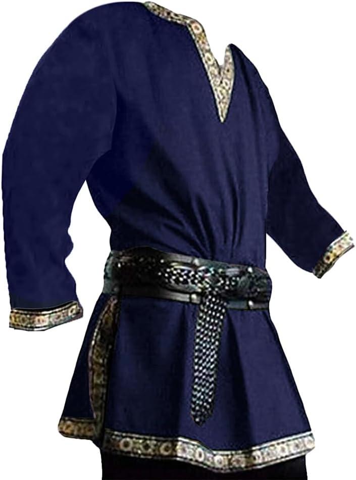 Gafeng Mens Medieval Costume Renaissance Pirate Halloween Viking Tunic Knight Cosplay Warrior LARP Shirts (Large, Navy Blue)