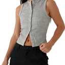 Women Button Down Tank Tops Casual Ribbed Sleeveless Crop Vest Top Going Out Tops Open Front Slim Fit Dressy Top (Gray, M)