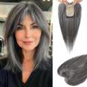 Flufymooz Real Human Hair Toppers for women, 10 Inch Clip in Bangs 100 Human Hair Toppers for Thinning Hair, Cover Hairpiece with 150% Density Silk Base-Silver Gray With Brown Mixed