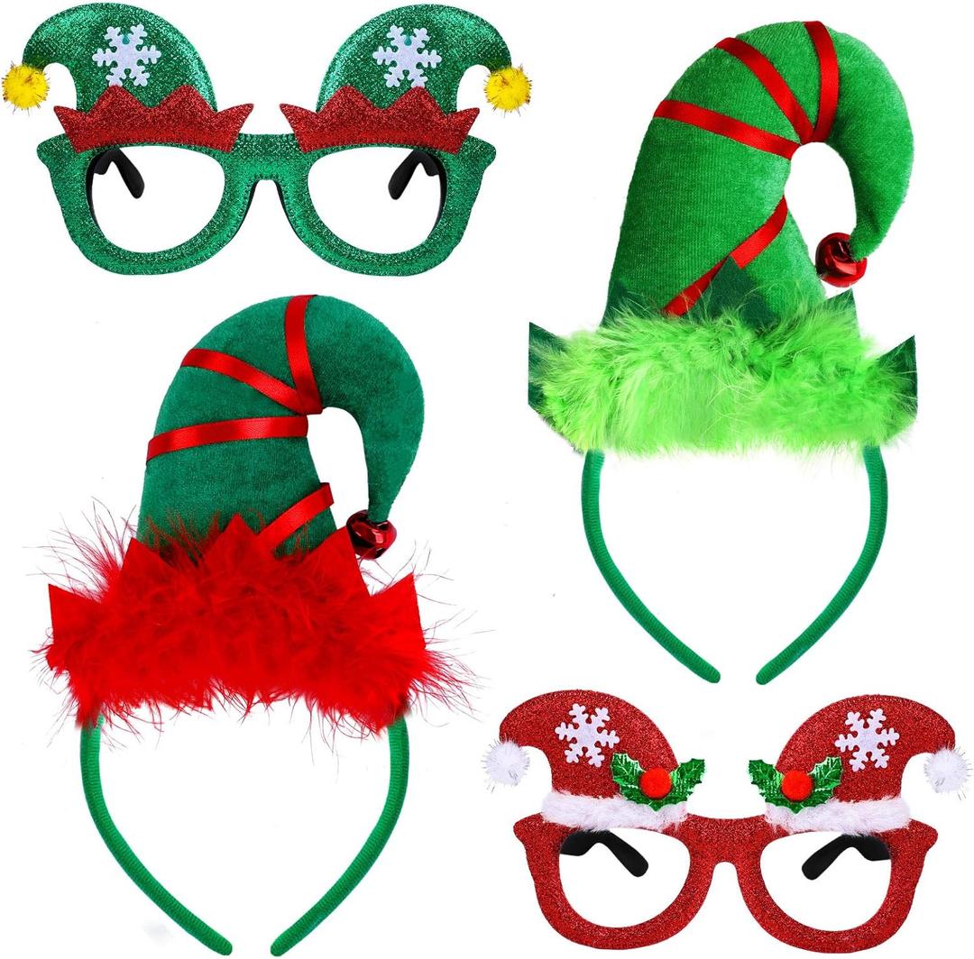 Aneco 4 Pack Creative Elf Headband and Elf Eyeglasses Frame Christmas Elf Costume Accessory Glasses Headband for Holiday Gift Favors