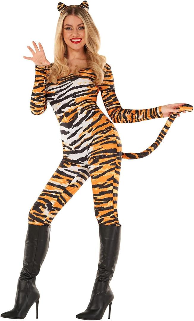 Morph Tiger Costume for Women, Animal Print Full Bodysuit Jumpsuit, Tiger Romper Catsuit for Halloween Party, Shoes Not Included, Large 