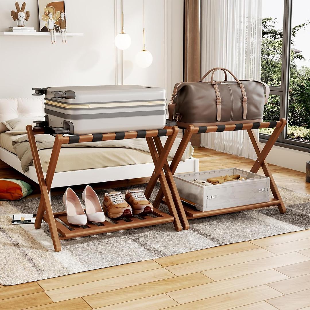 Full Assembled 26.77" L Luggage Rack Set of 2 - Luggage Stand for Guest Room, Foldable Suitcase Stand with Shoe Shelf, Luggage Holder for Bedroom, Hotel (Walnut Bamboo Suitcase Holders)