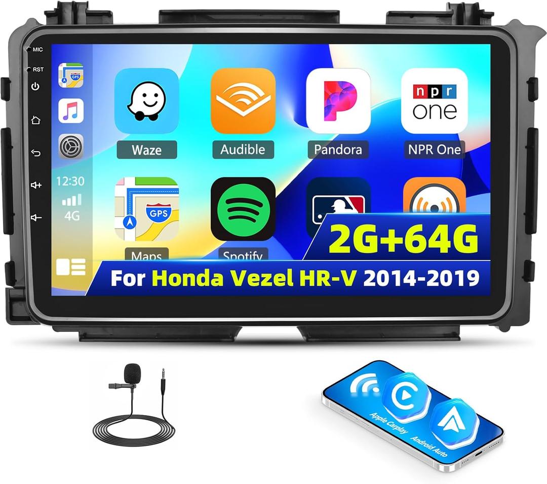 [2+64G] Android 13 Car Stereo Radio for Honda Vezel HR-V 2014-2019 with Wireless Carplay&Android Auto,9 Inch Touch Screen Car Radio with Bluetooth FM/RDS Radio EQ WiFi GPS Navigation SWC
