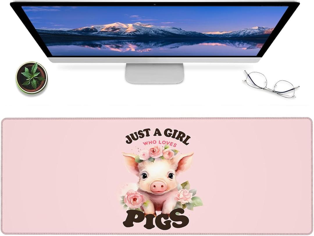 Just a Girl Who Loves Pigs Gaming Mouse Pad – 12x31.5in Non-Slip Rubber Desk Mat with Cute Pig Floral Design – Large Extended Pink Mousepad for Office Home Laptop – Game Deskmat Gifts Decor