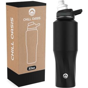 Chill Oasis Water Bottle | Compatible With Popular Flavor Cartridges | BPA Free, Leak Proof, Double-Walled Vacuum Insulated Stainless Steel, and Dishwasher Safe | Cold for 24 Hours (Black, 32oz)