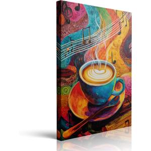 Colorful Latte Art Musical Staff Canvas Wall Art Dining Room Wall Decor Prints Classic Posters Contemporary Painting Framed Artwork For Restaurant Home Kitchen Living Room Office Decor 16x24 Inches