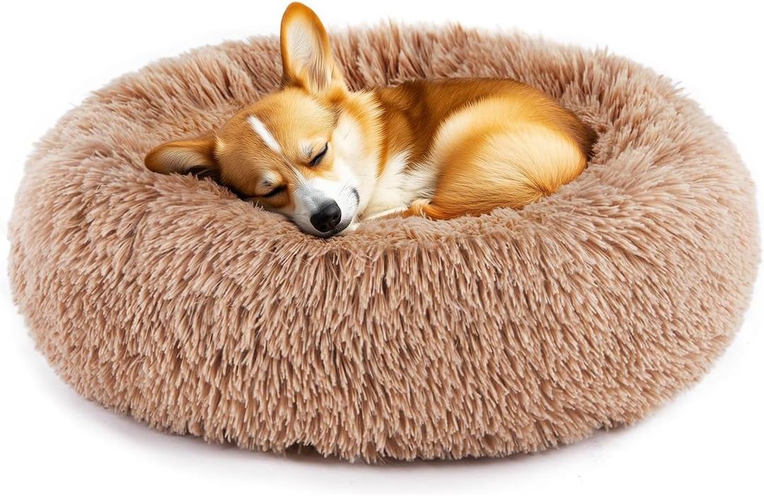 DUMOS Calming Donut Cat & Dog Bed for Small Dogs, Machine Washable Cuddle Warming Cozy Fluffy Faux Fur Plush Round Dog Bed, Anti-Anxiety Waterproof Anti-Slip Pet Bed, Brown, 20x20x8 Inches