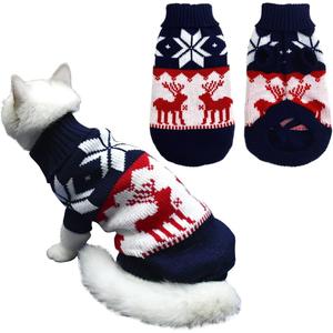 Vehomy Pet Puppy Christmas Sweater Cat Winter Knitwear Xmas Clothes Navy Blue Sweater with Reindeers Snowflakes Pattern Dog Warm Argyle Sweater Coat for Kittens Small Dogs Cats M