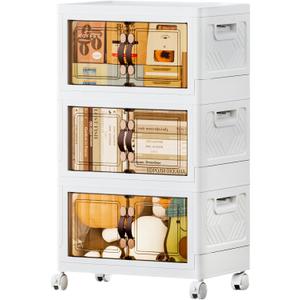 JEKO&JEKO 107Qt Stackable Storage Bins with Lids and Wheels, Foldable Collapsible Plastic Drawer Boxes for Clothes, Home, White, 3 Pack