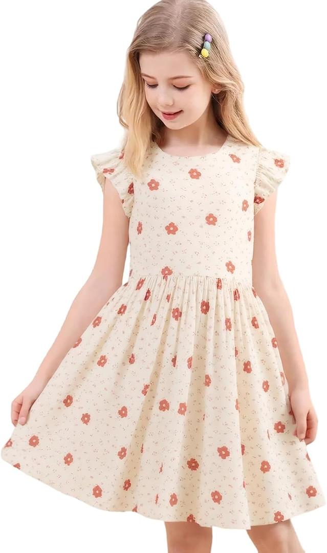 Girls Summer Ruffle Sleeve Floral Dresses Smocked Flowy A-Line Cotton Sundresses for Girl Casual Boho Dress 4-12 Y