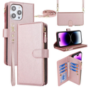 iCoverCase Compatible with iPhone 15 Pro Max Crossbody Case with Strap, Wallet Phone Case Card Holder [Not Detachable] PU Leather Kickstand Zipper Lanyard Case 6.7" (Rose Gold)