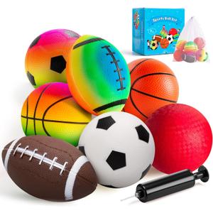 EVERICH TOY Balls for Toddlers 1-3, 7 Pcs 5" Playground Balls for Kids, Soft Rubber Small Sports Ball Set with Football, Basketball, Soccer, Indoor Outdoor Toddler Toys Games Gifts for Boys Girls