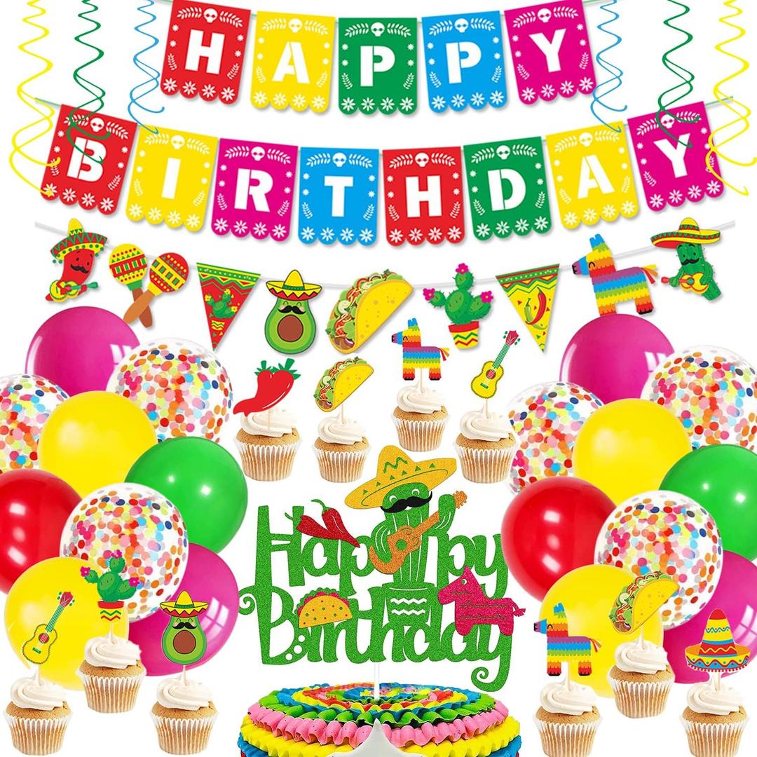68 PCS Fiesta Birthday Decorations Happy Birthday Banner Mexican Cake Cupcake Topper for Kids Boy Girl Cactus Donkey Maraca Sombrero Guitar Taco Pepper Balloons Hanging Swirls Bday Party Supplies
