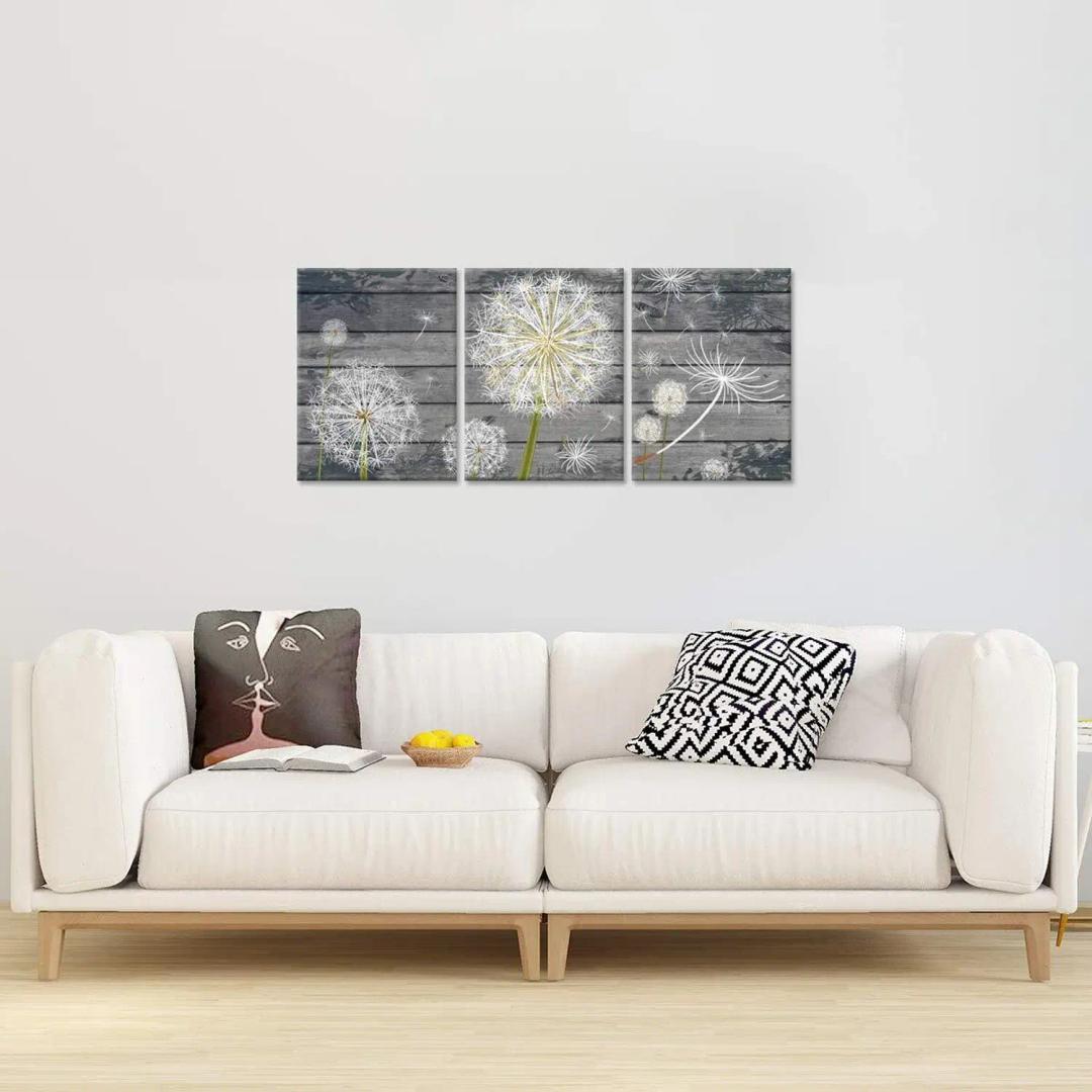 3 Panel Canvas Wall Art Dandelion Flower on Grey Canvas 16 inch x 12 inch Painting (With Frame, Pack of 3)