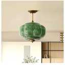 Milk Glass Ceiling Light Fixture - Antique Brass Semi Flush Mount Pendant Light for Kitchen, Hallway, and Bedroom (Green 15 inch)
