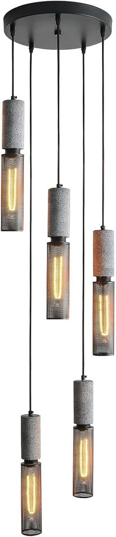 5-Light Concrete Linear Pendant Light with a Metal Mesh Shade,Modern Industrial Hanging Cement Pendant Lighting for Kitchen Island Bedroom Living Room Dining Room Light Fixture