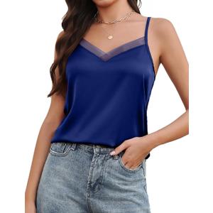 Avidlove Womens Silk Satin Tank Tops Mesh V Neck Camisole Adjustable Spaghetti Strap Summer Basic Cami Tank Shirt Deep Blue, L