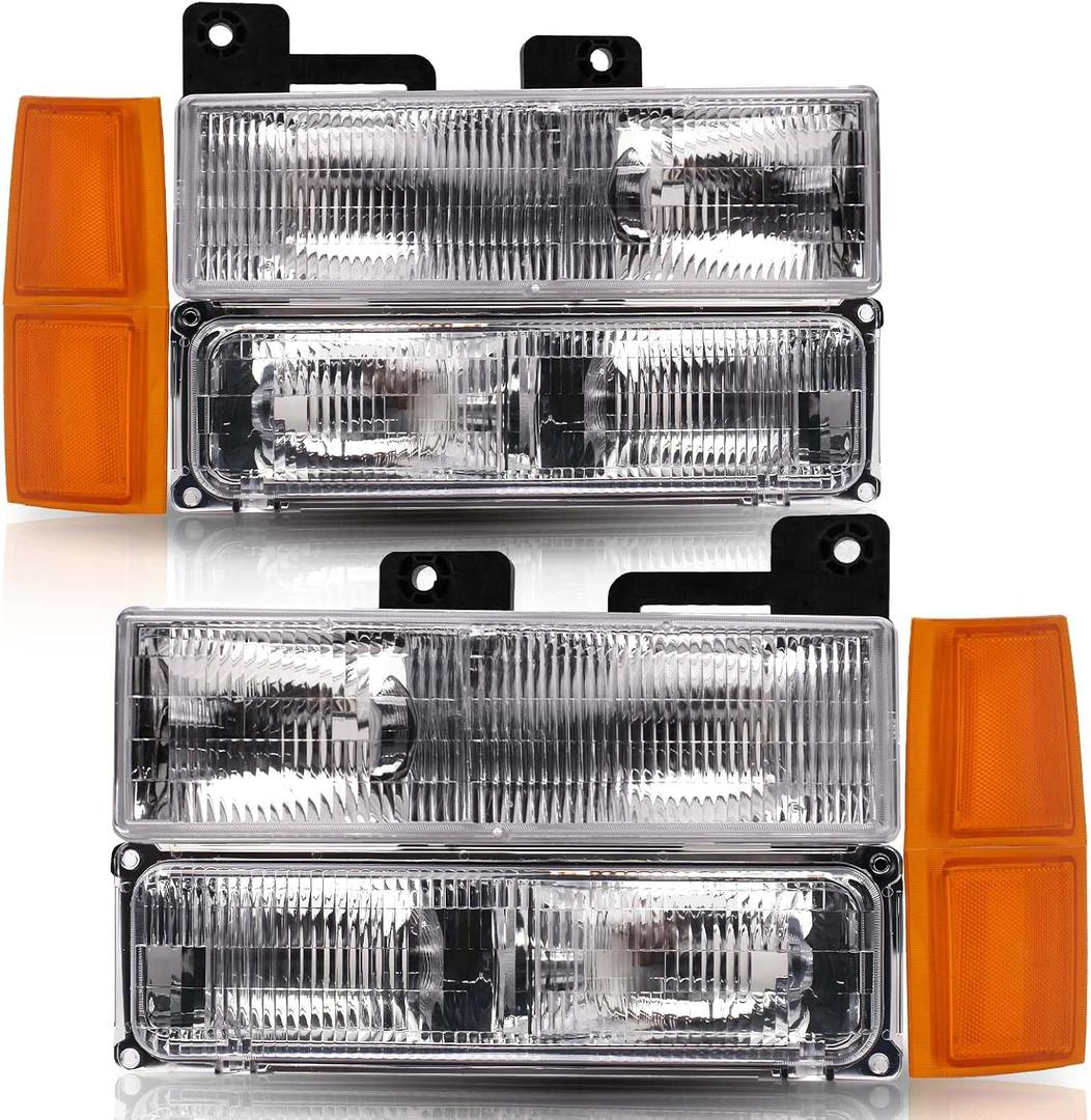 Headlights+Bumper Turn Signal Lamps+Amber Corner Side Marker Lights Compatible with 1994 1995 1996 1997 1998 1999 Chevy C/K Suburban 1500 2500 3500 Chrome Housing OE Style