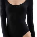 PUMIEY Women's Scoop Neck Long Sleeve Bodysuit Body-hugging Sexy Tops Smoke Cloud Collection (01 Jet Black), Small