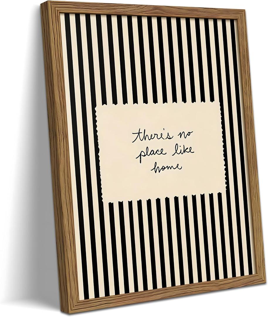 Vintage Inspirational Wall Art, Minimalist There is No Place Like Home Canvas Wall Decor Painting, Black and White Striped Quote Artwork Print Picture for Living Room Bedroom 16x24 Inch Framed