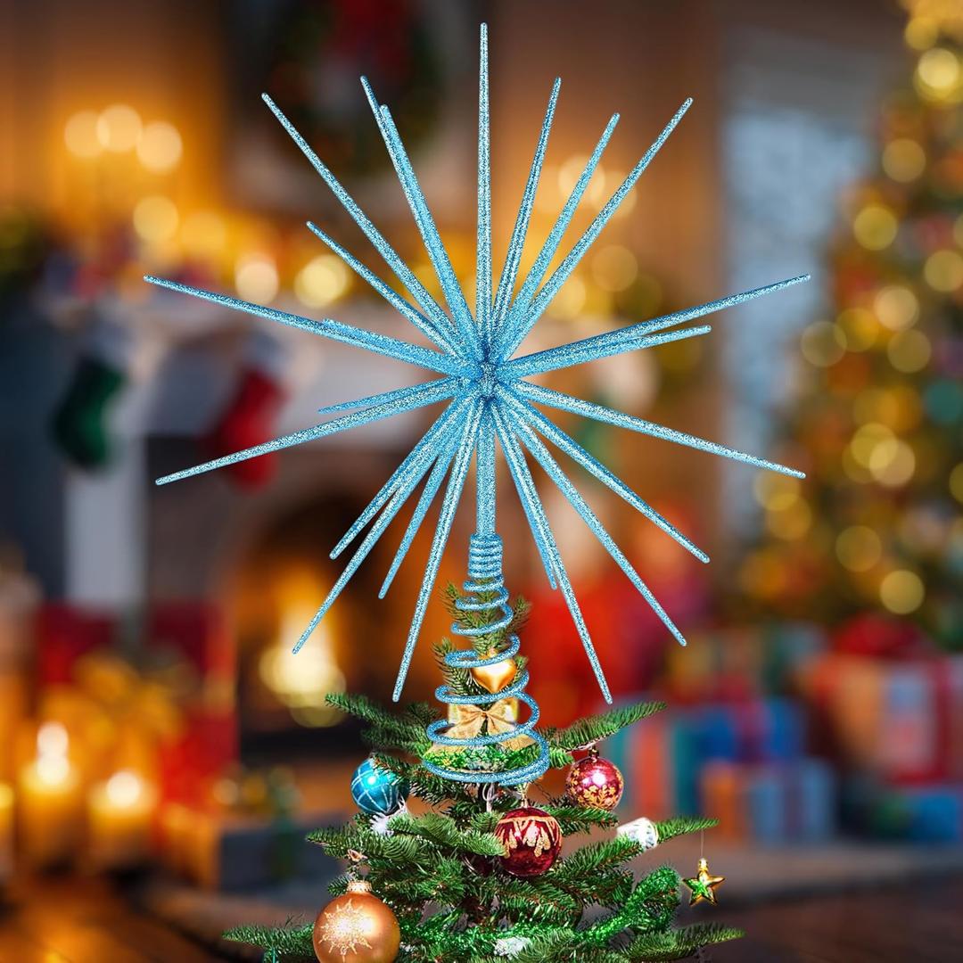 VWAERR 13.8 Inch Blue Christmas Burst Tree Topper Glittered 3D Burst Plastic Tree Topper Exploding Star Christmas Decoration for Home Ornaments Holiday Party Supplies