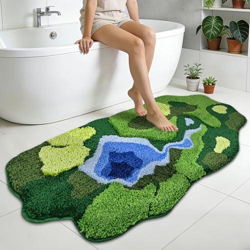 Yinhua Moss Bathroom Rugs, Ultra Thick Green Bath Mat Non Slip Washable Long Bathroom Runner Rug, Nature Absorbent Bath Mats Quick Dry Shaggy Shower Rugs for Bedroom Kids Home Decor, 21"x45"