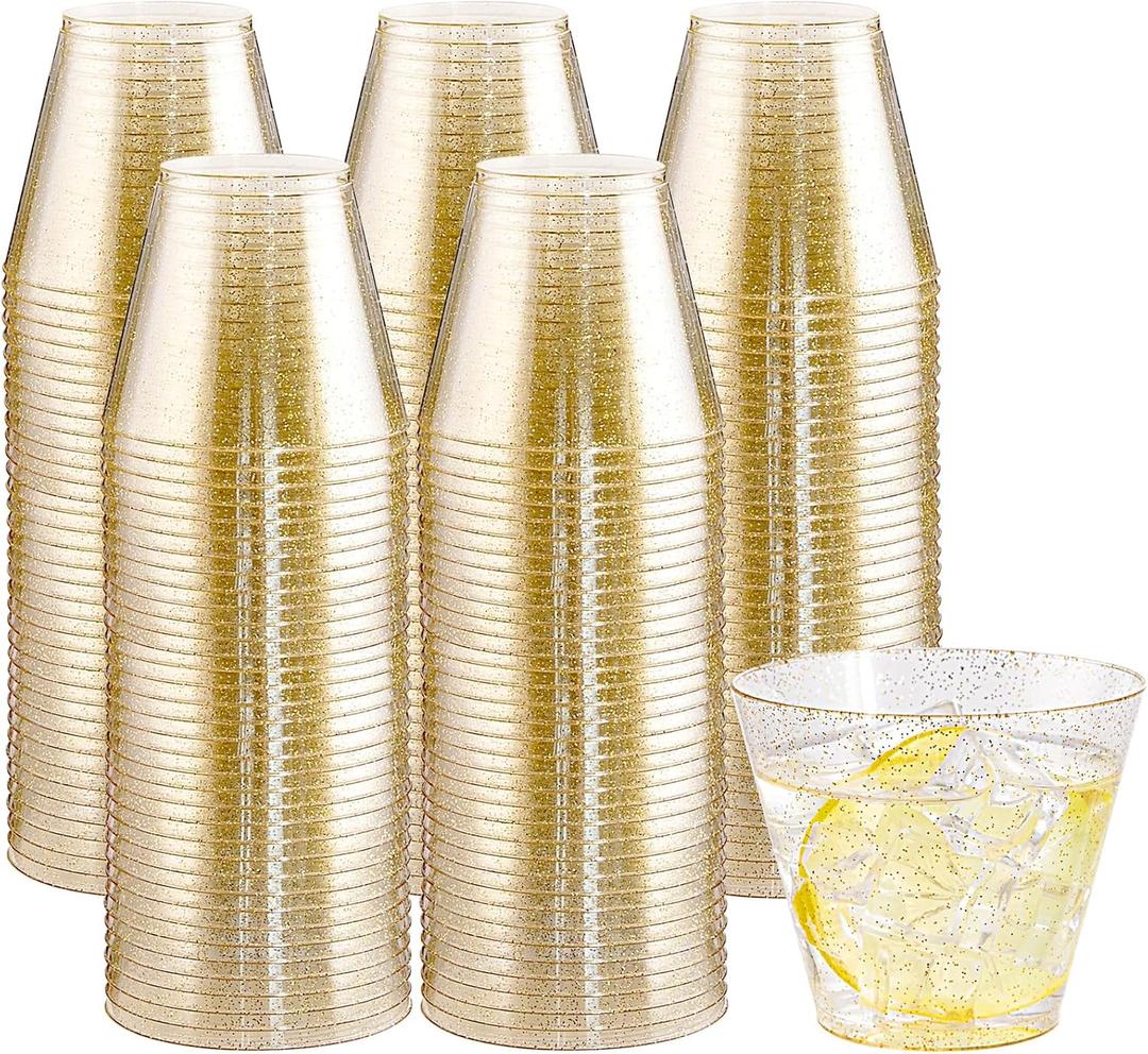Hioasis 200PCS Gold Plastic Cups,9Oz Gold Dust Plastic Cups,Gold Dust Plastic Cups,Heavy Duty Gold Disposable Plasitc Cups for Party,Wedding,Reception (9oz_200Pack, Gold Glitter)