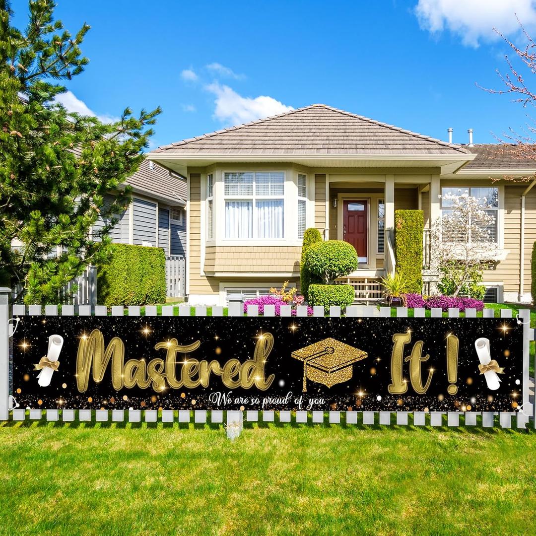 Labakita Large Mastered It Banner, Masters Degree Graduation Decorations, Masters Graduation Banner Yard Sign, Grad Party Decorations 2026 Indoor OutdoorBlack and Gold