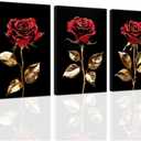 ZXHYWYM Rose Gold Wall Art Set of 3 Black and Gold Flower Painting Prints Red Rose Canvas Pictures Floral Bathroom Bedroom Home Decor Framed (12"x16"x3)