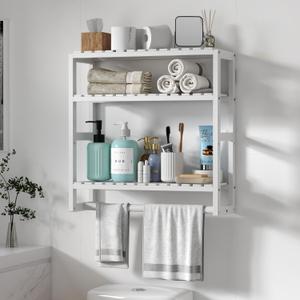 Galood Over The Toilet Storage Bathroom Shelves Wall Mounted 3 Tier Space Saver Corner Shelf Organizer Bamboo Towel Rack Toilet Paper Cabinet with Hanging Rod White, Large