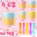 100 Pcs Ice Cream Cups with Spoons Paper Dessert Cups Colorful Sundae Bowls Disposable Ice Cream Containers for Hot Soup Spring Summer Graduation Bar Party Supplies (4 oz)
