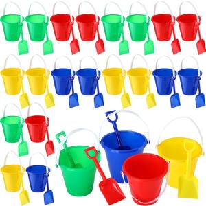 Sratte 24 Beach Sand Castle Buckets and Shovels Set,Includes 24 Pcs Plastic Sand Pails and 24 Pcs Shovels 5 Inch Small Kids Shovel for Boys Girls Toddlers, 4 Colors