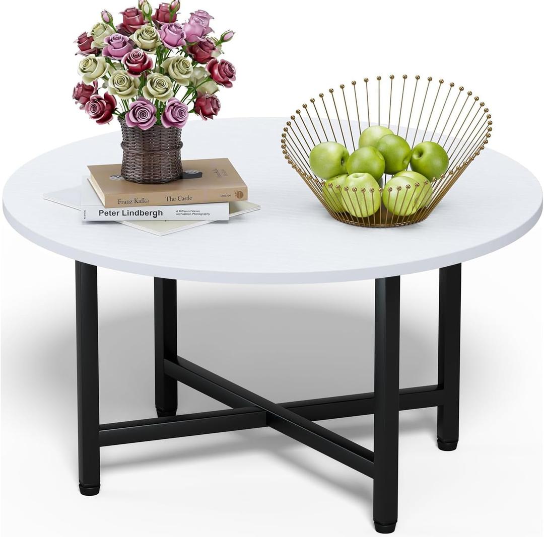 FAMIDGE Coffee Table, 23.6" Coffee Tables for Living Room, Round Coffee Table with Metal Frame, Floor Table for Sitting on The Floor, Home, Office, White, Small 1T