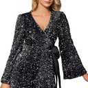UNIQUE 21 Women Sequin Romper One Piece Shiny Wrap V Neck Shorts Jumpsuit Deep V Neck Long Sleeve Disco Dance Outfits (Small, Black)