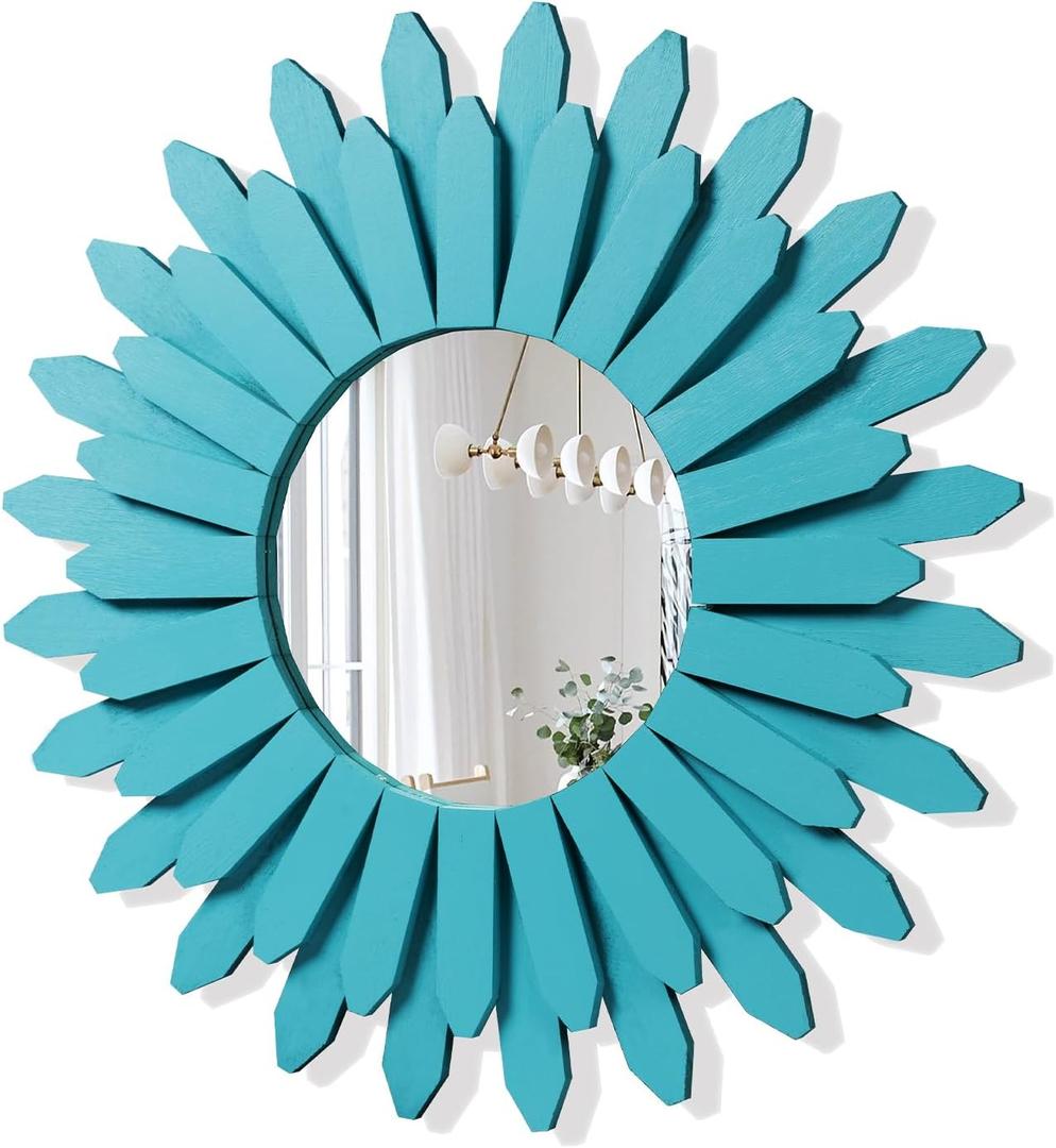 Honiway Beach Wall Decor Mirror 21 inch Wood Coastal Wall Decor Sunburst Boho Home Decor Room Decor for Bedroom Living Room Entryway Cyan