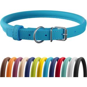 CollarDirect Rolled Leather Dog Collar, Soft Padded Round Puppy Collar, Handmade Genuine Leather Collar Dog Small Large Cat Collars 13 Colors (11-14 Inch, Light Blue Smooth) (M: 11-14 in, Cyan Smooth)
