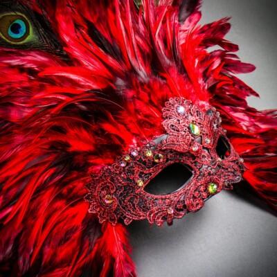 Red Tall Feather Venice Carnival Mask for Women Masquerade Sexy Venetian Costume