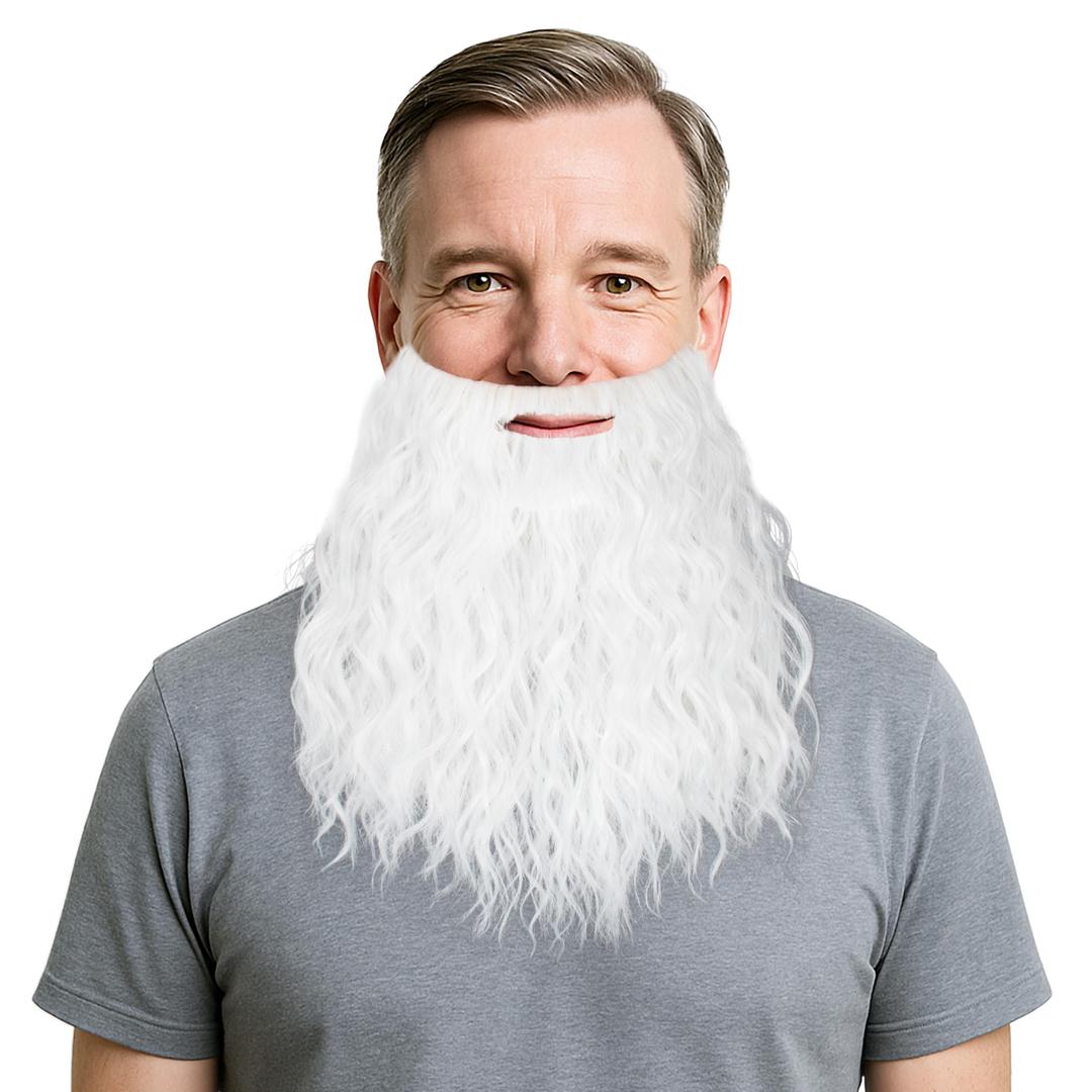 Long Curly White Fake Beard for Men with Elastic Band Costume Facial Hair Fake Mustache for Halloween Cosplay Party Look