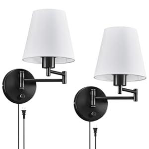 VONLUCE Wall Sconce Set of 2, Plug in & Hardwired Swing Arm Wall Lamps, Adjustable Wall Mounted Lighting Fixtures, Modern Wall Lights with Black Base White Fabric Shade for Bedside, Hallway, Study