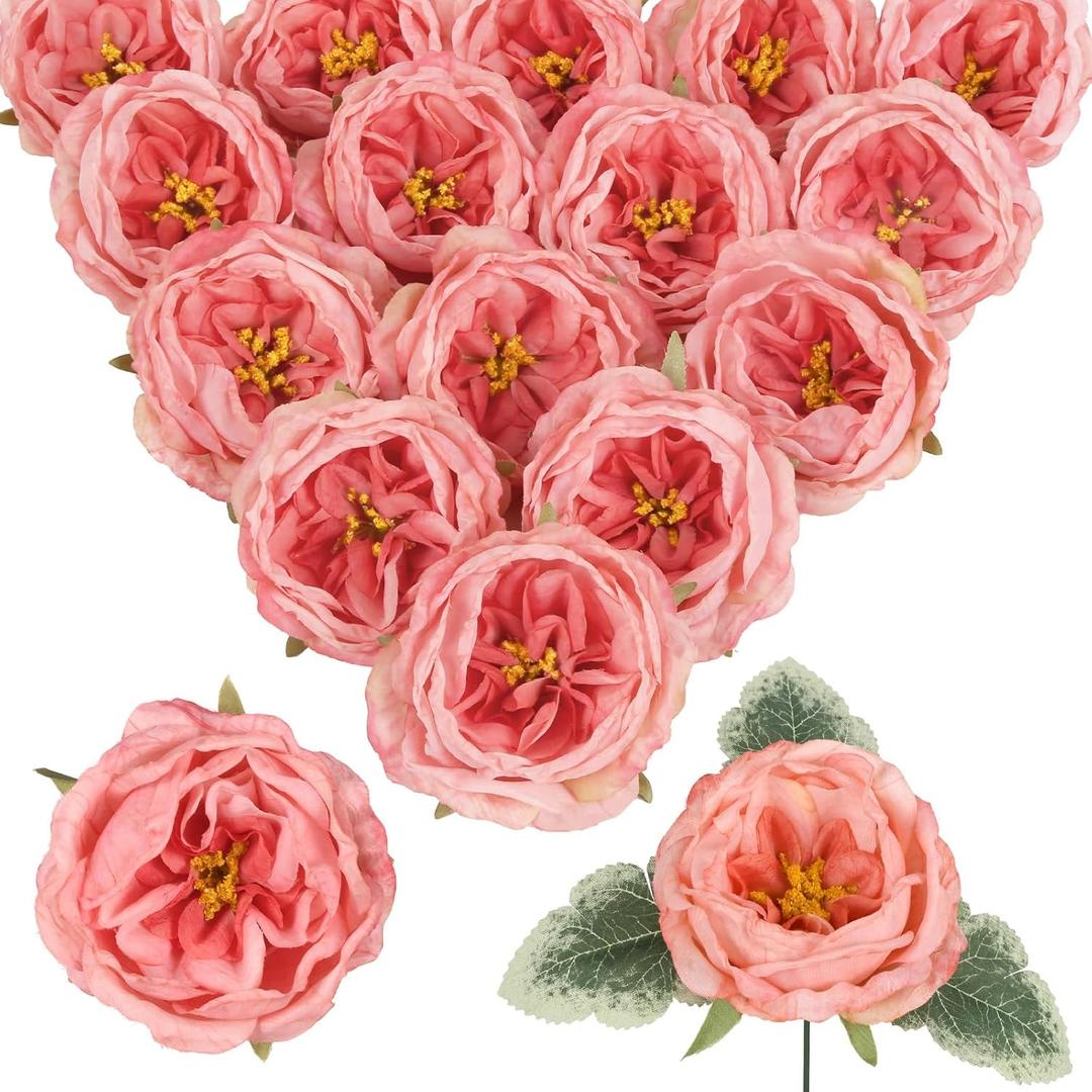 16Pcs Artificial Austin Rose Peonies Flowers with Stems Look Real Pink Fake Peony Silk Flowers Head Bulks Faux Roses for DIY Wedding Centerpieces Baby Shower Party Home Floral Decor (Deep Pink)