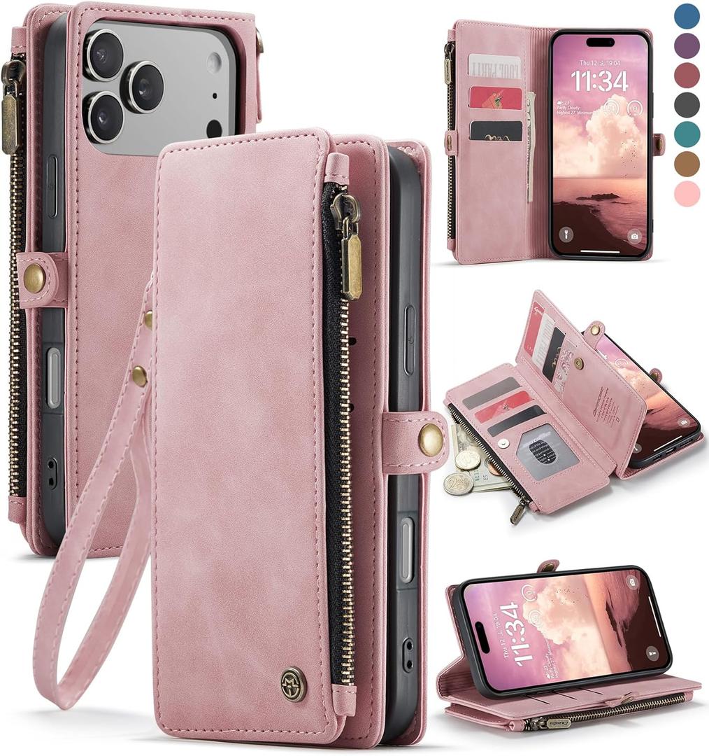 Defencase Compatible with iPhone 17 Pro Case Wallet with RFID Blocking Card Holder for Women Men, Fashion PU Leather Magnetic Snap Flip Zipper Strap Wallet Phone Case for iPhone 17 Pro 6.3", Rose Pink