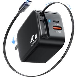 Retractable Wall Charger Block for iPhone 16 15, 40W PD Fast Charger with Retractable Type C Cable and USB/Type-C Port,3 in 1 Charger Adapter with Foldable Plug for Galaxy S25/Ultra/S25+/Mac/Pixel